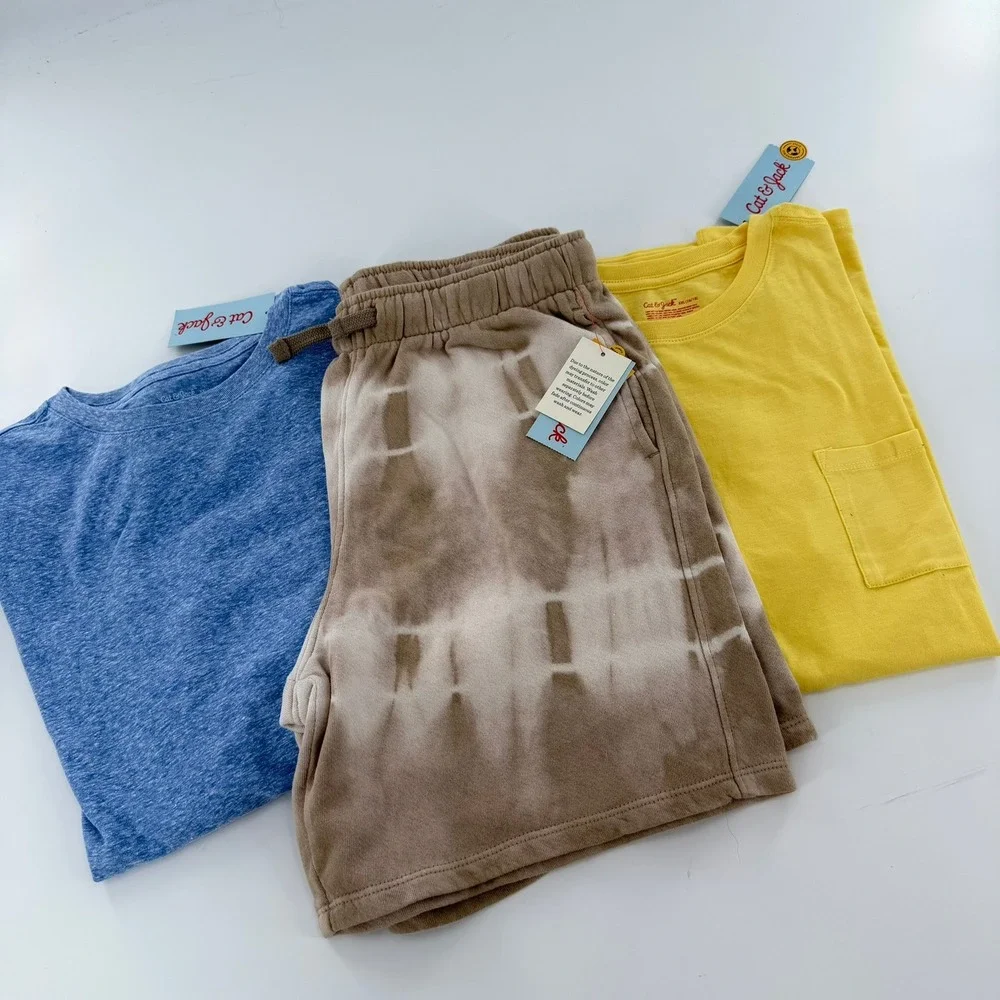 Cat & Jack Shirt Shorts Set 3pc‎ Casual Bundle Kids XXL 16/18 Blue Yellow Tan